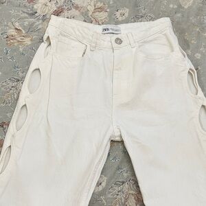 Zara White Straight-Leg Jeans with Side Cutouts